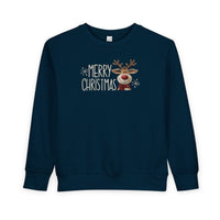 Merry Christmas Reindeer Toddler Crew: Dark-navy sweatshirt with smiling cartoon reindeer, red scarf, snowflakes, MERRY CHRISTMAS text; cozy cotton-poly blend for toddlers.