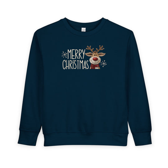 Merry Christmas Reindeer Toddler Crew: Dark-navy sweatshirt with smiling cartoon reindeer, red scarf, snowflakes, MERRY CHRISTMAS text; cozy cotton-poly blend for toddlers.