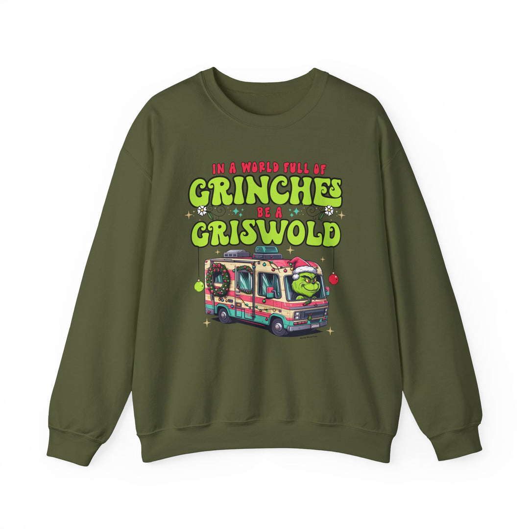 Unisex heavy blend crewneck sweatshirt featuring a cartoon bus design, ideal for comfort. Polyester and cotton blend, ribbed knit collar, loose fit, no itchy seams. Product title: Be a Griswold Crew.