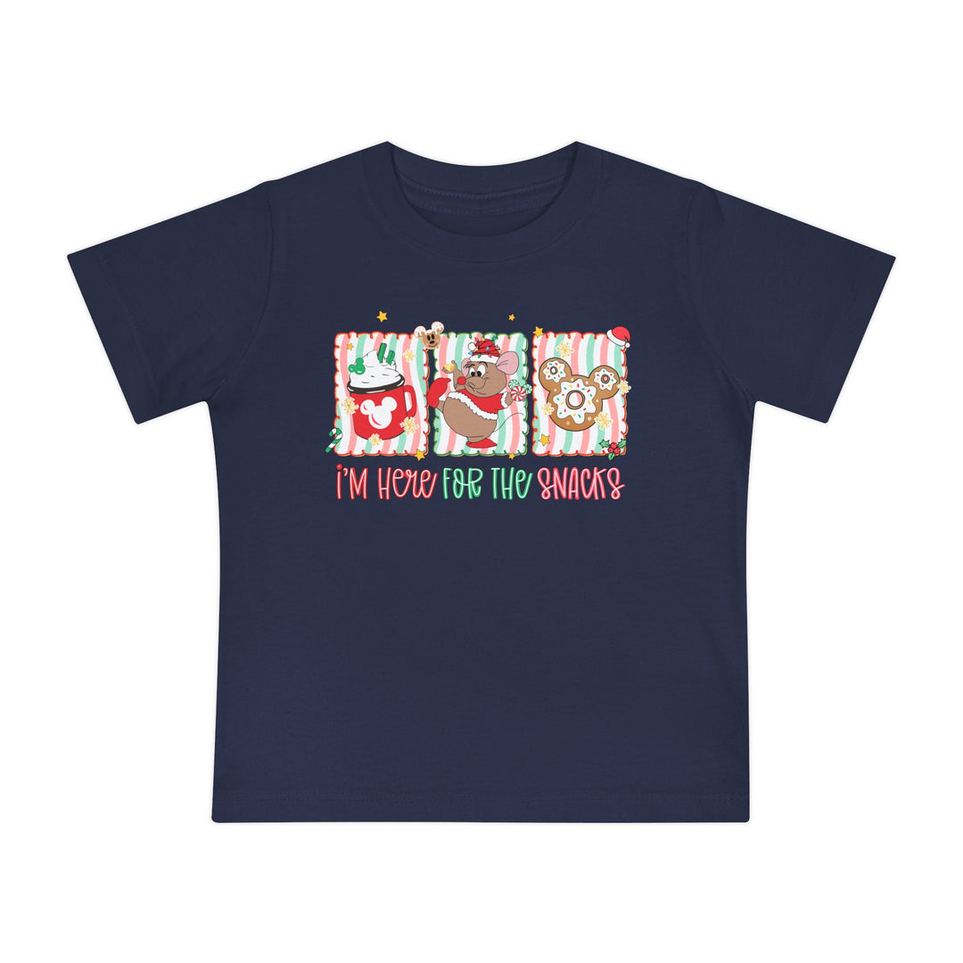 Here for the Snacks Baby Tee: Navy-blue T-shirt featuring festive candy-striped panels with holiday-themed Mickey mug, cartoon mouse, and frosted donut graphic. I'm here for the snacks.