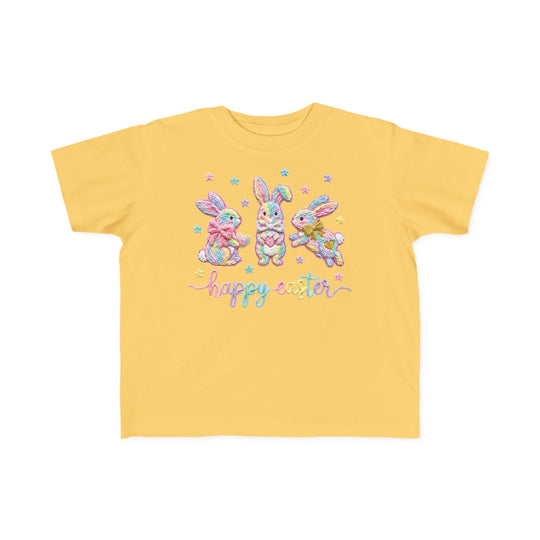 Easter Bunny Toddler Tee featuring three rainbow-yarn bunnies with happy easter script, ideal for toddlers' sensitive skin, made from soft, durable cotton.
