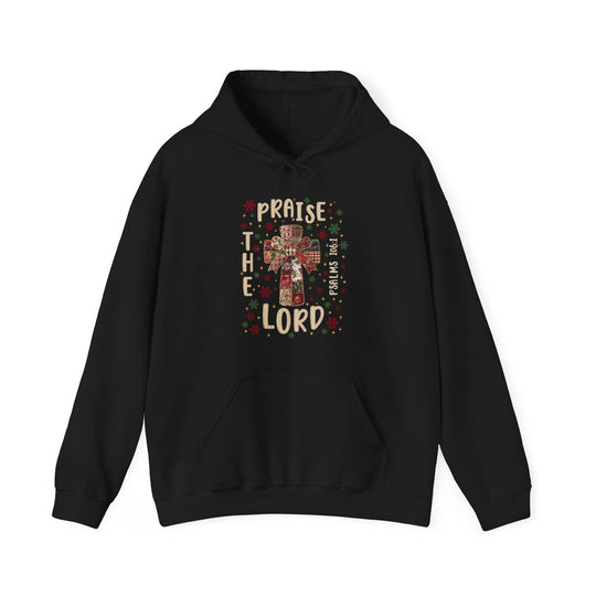Praise the Lord Hoodie with festive cross graphic, vibrant accents, and scripture. Cozy unisex fit with kangaroo pocket, perfect for cold days.