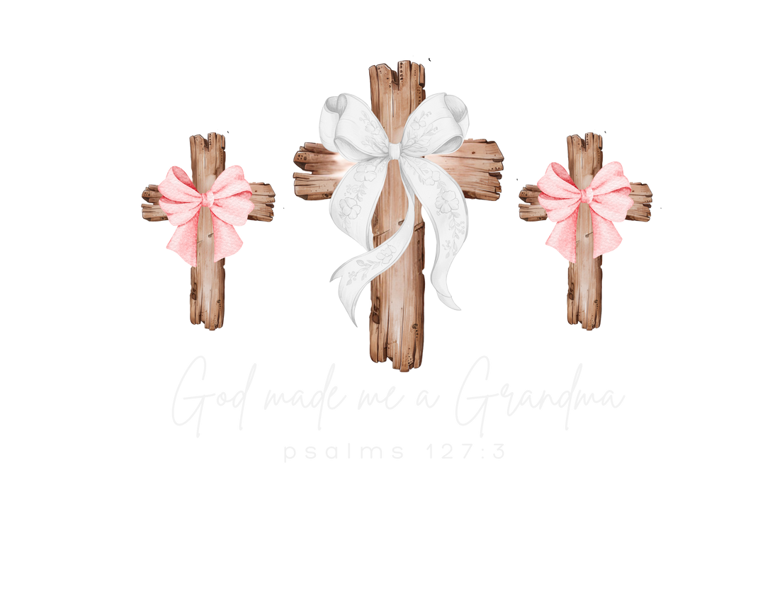 Three rustic wooden crosses with ribbon bows and the phrase God made me a Grandma on a Comfort Colors t-shirt, suitable for everyday wear.