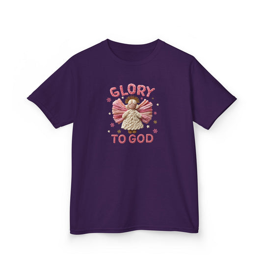 Purple Glory to God Kids Tee with crochet-inspired angel graphic, festive star and snowflake motifs, soft cotton, durable design, perfect for everyday wear.