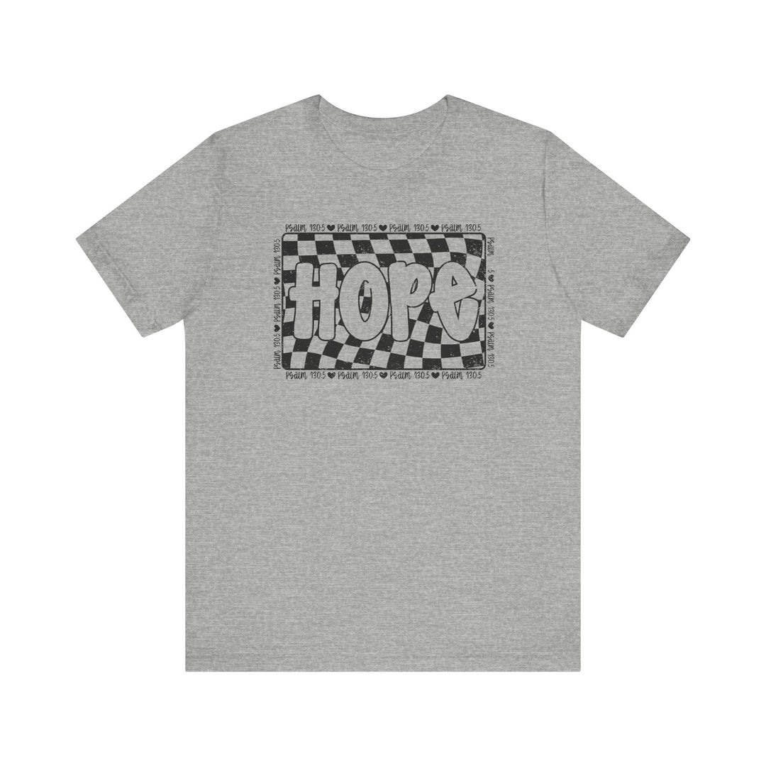 Hope Tee: A grey t-shirt featuring a black and white graphic design, made from soft cotton with a classic fit and ribbed knit collars.