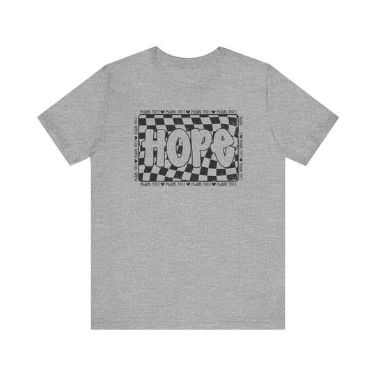 Hope Tee: A grey t-shirt featuring a black and white graphic design, made from soft cotton with a classic fit and ribbed knit collars.