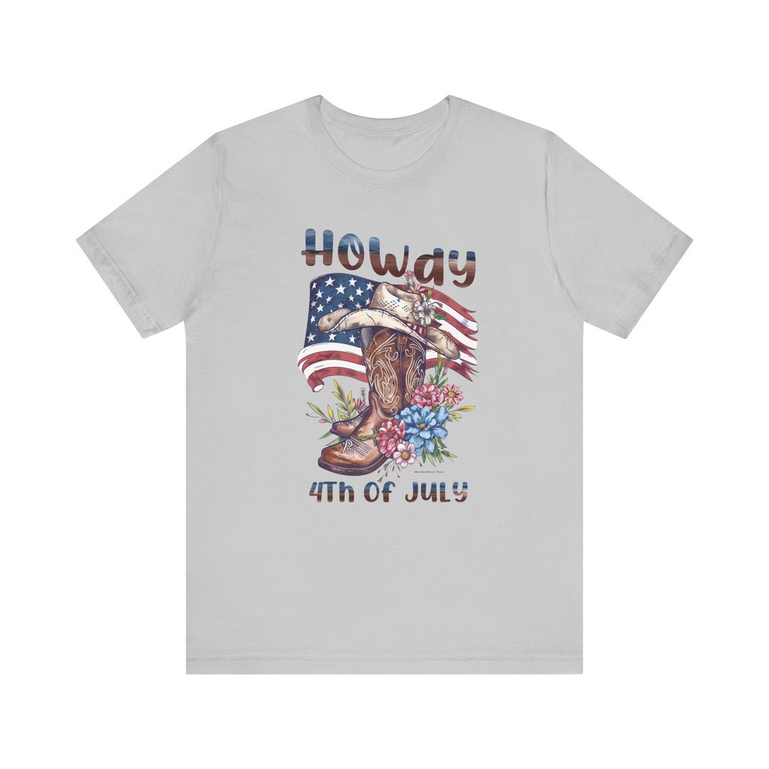 A classic Howdy 4th Tee with cowboy hat, boots, and flowers design on a white t-shirt. Unisex jersey tee made of 100% cotton, featuring ribbed knit collars and taping for durability. Sizes XS to 3XL.