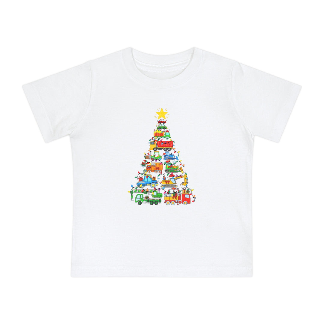 Christmas Truck Baby Tee with colorful vehicle graphic forming a tree, wrapped in holiday lights, ideal for baby's stylish and comfortable first steps.