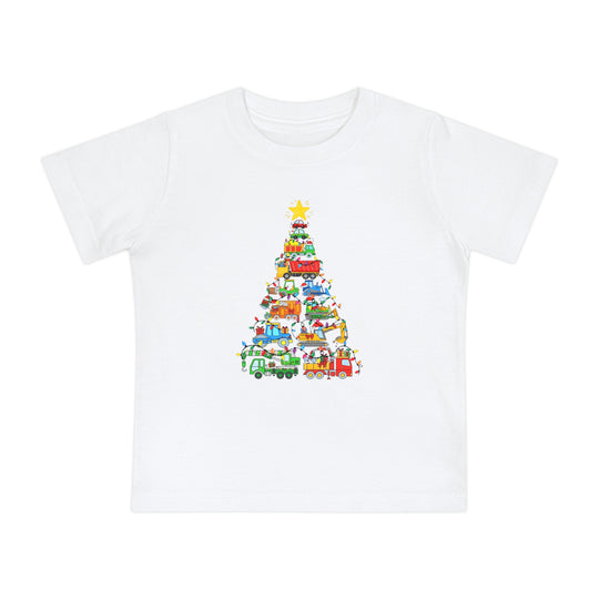 Christmas Truck Baby Tee with colorful vehicle graphic forming a tree, wrapped in holiday lights, ideal for baby's stylish and comfortable first steps.