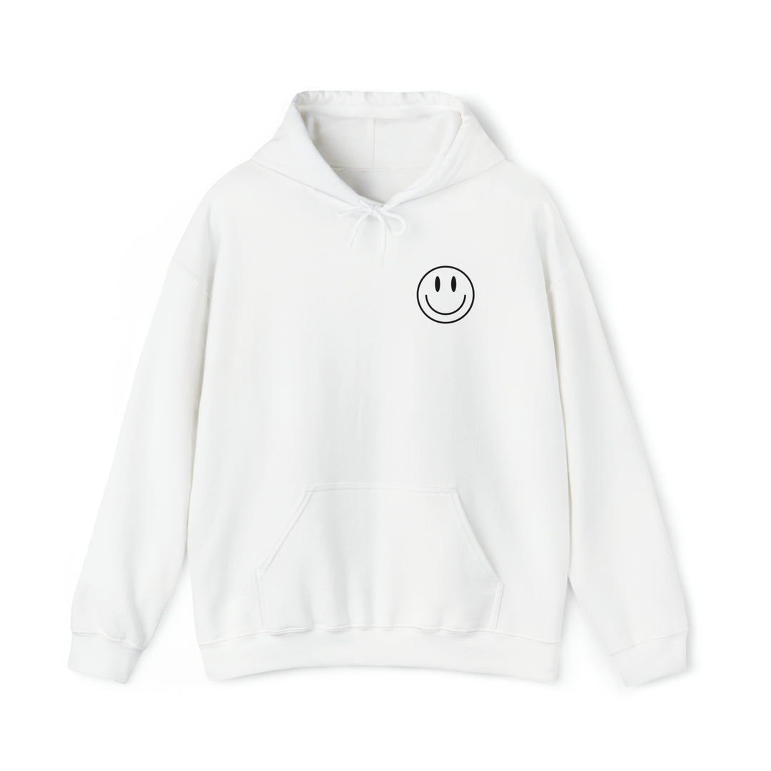 A white unisex heavy blend hooded sweatshirt featuring a smiley face design. Plush cotton-polyester fabric, kangaroo pocket, and drawstring hood. GOOD DAY TO HAVE A GOOD DAY title. From Worlds Worst Tees.