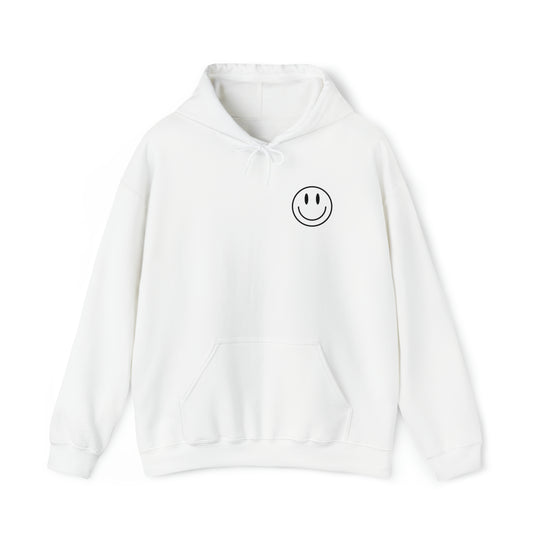 A white unisex heavy blend hooded sweatshirt featuring a smiley face design. Plush cotton-polyester fabric, kangaroo pocket, and drawstring hood. GOOD DAY TO HAVE A GOOD DAY title. From Worlds Worst Tees.