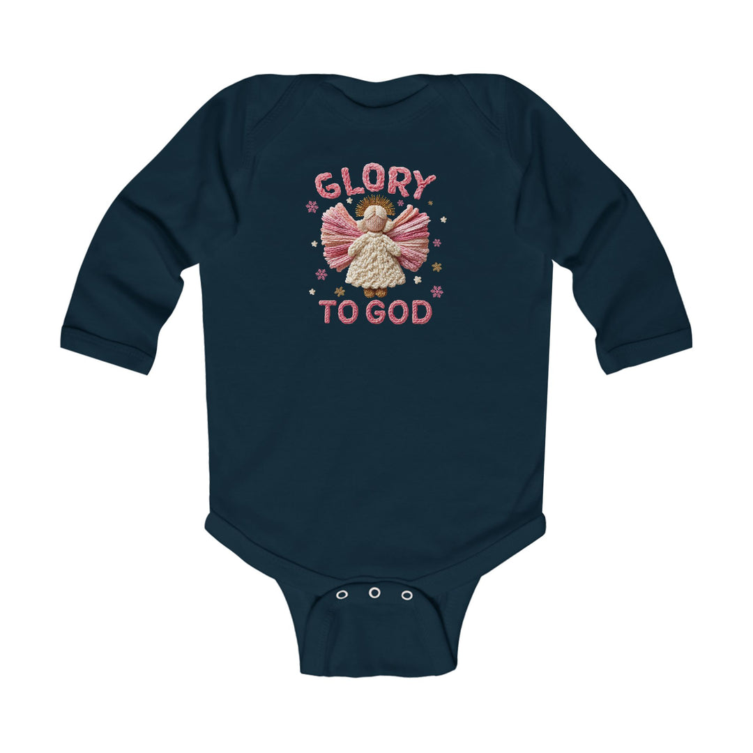 Glory to God Onesie: Navy-blue, long-sleeve baby bodysuit featuring an embroidered angel with stars and GLORY TO GOD text, designed for comfort and easy changing.