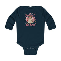Glory to God Onesie: Navy-blue, long-sleeve baby bodysuit featuring an embroidered angel with stars and GLORY TO GOD text, designed for comfort and easy changing.