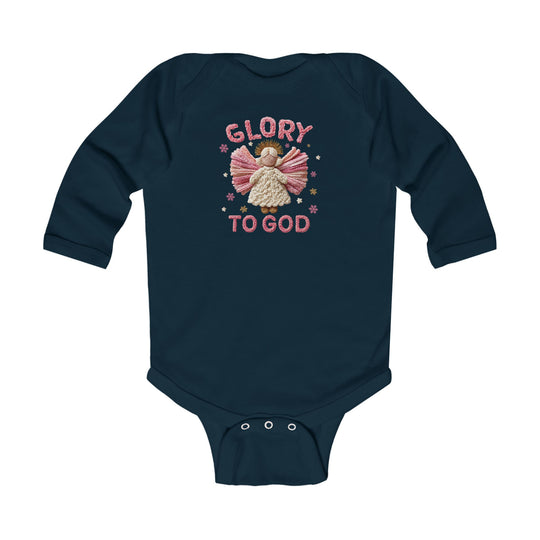 Glory to God Onesie: Navy-blue, long-sleeve baby bodysuit featuring an embroidered angel with stars and GLORY TO GOD text, designed for comfort and easy changing.