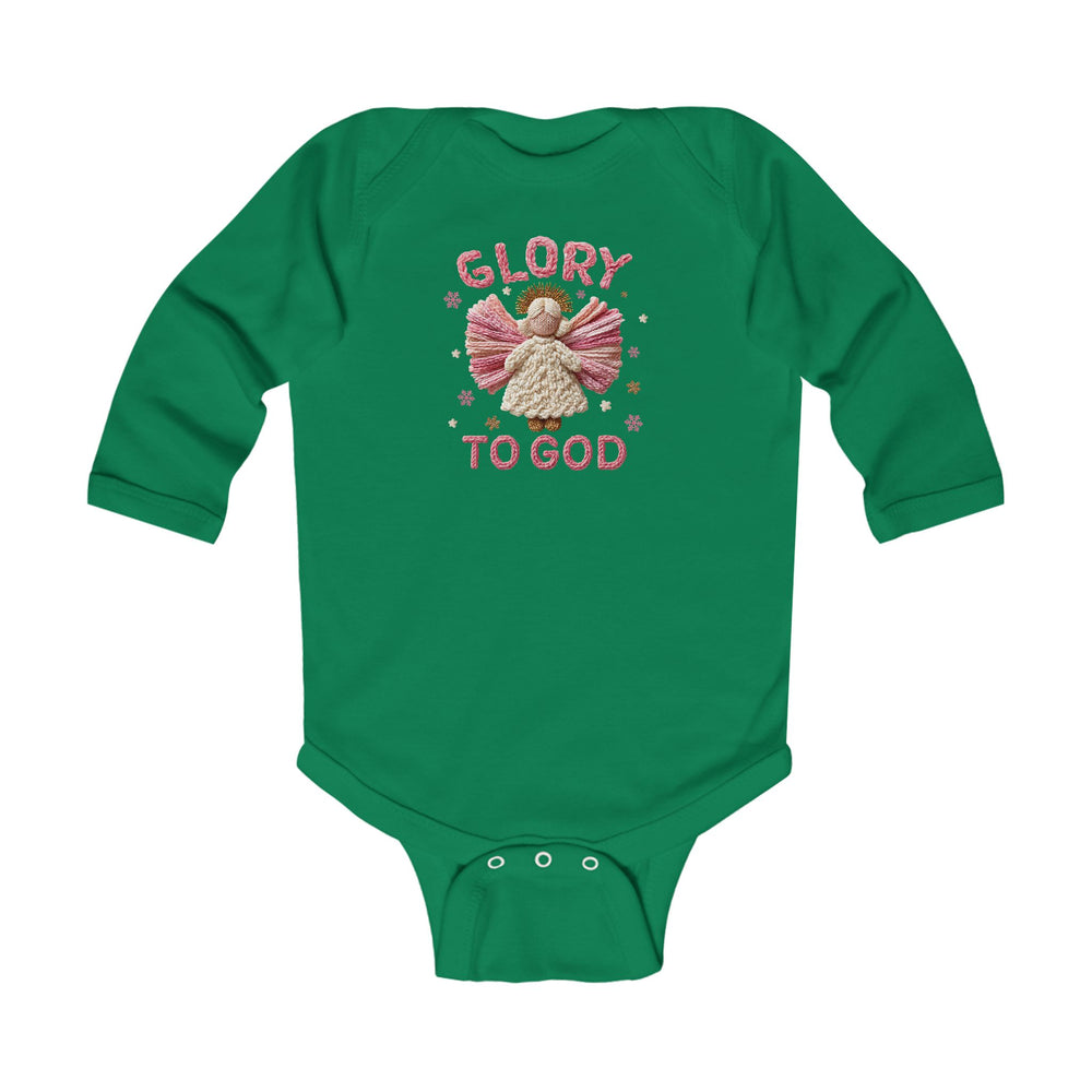 Glory to God Onesie: Green baby bodysuit with long sleeves, featuring an angel and stars design, embroidered text, durable cotton, and easy-change plastic snaps.