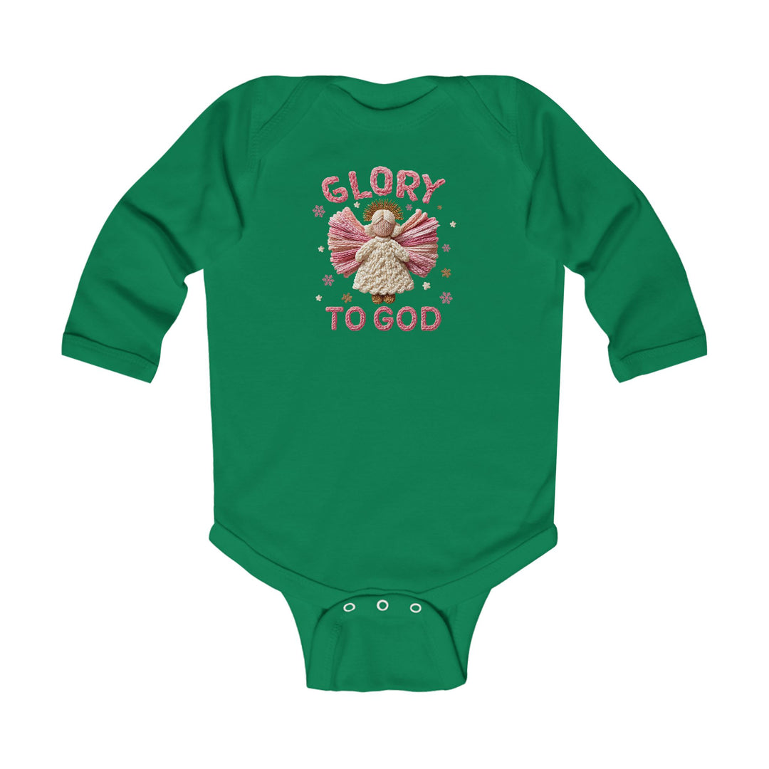 Glory to God Onesie: Green baby bodysuit with long sleeves, featuring an angel and stars design, embroidered text, durable cotton, and easy-change plastic snaps.