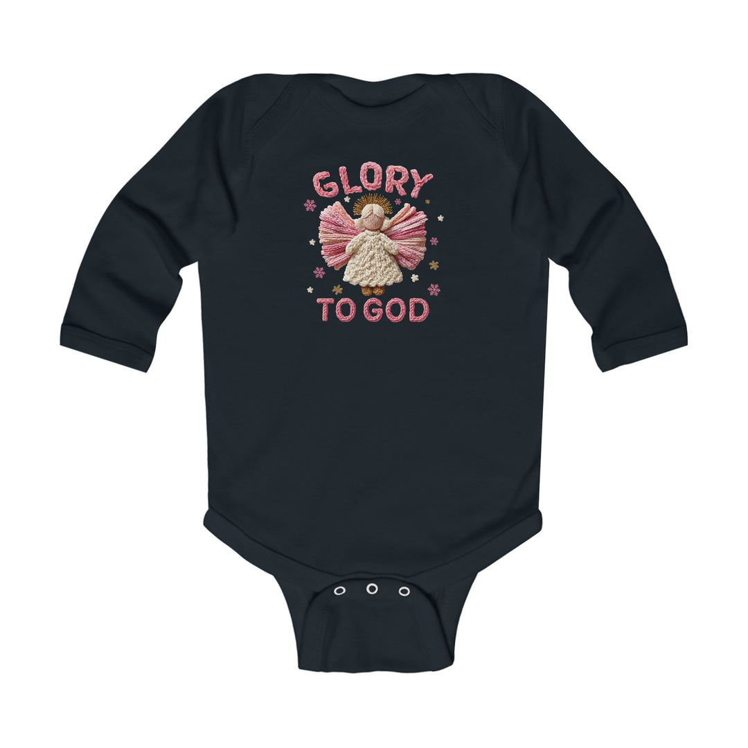Glory to God Onesie: Navy long-sleeve baby bodysuit featuring an angel and stars motif, with GLORY TO GOD text, and snap closures for easy changing.