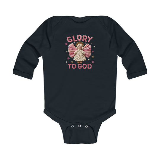 Glory to God Onesie: Navy long-sleeve baby bodysuit featuring an angel and stars motif, with GLORY TO GOD text, and snap closures for easy changing.
