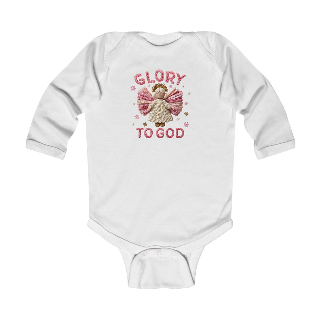 Glory to God Onesie: White long-sleeve baby bodysuit with a pink yarn-style angel and stars, featuring GLORY TO GOD text, designed for comfort and durability.
