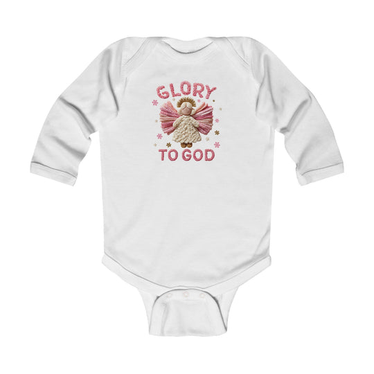 Glory to God Onesie: White long-sleeve baby bodysuit with a pink yarn-style angel and stars, featuring GLORY TO GOD text, designed for comfort and durability.