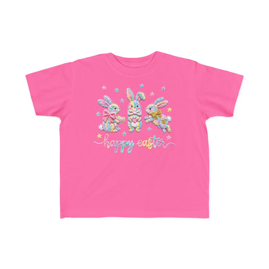 Easter Bunny Toddler Tee: Bright pink shirt with pastel bunnies and happy easter script, perfect for toddlers; soft cotton, durable print, classic fit.