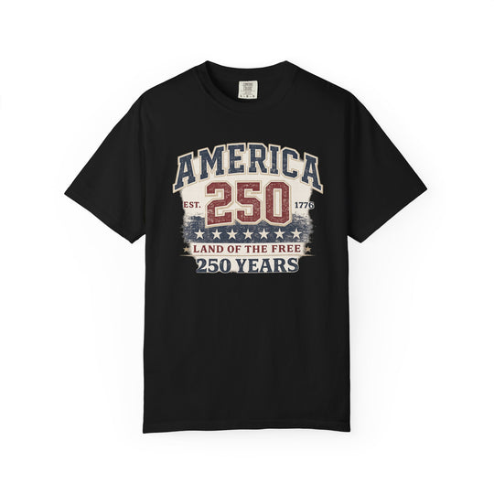 America 250 Years Tee: Black crew-neck T-shirt featuring a distressed Americana print celebrating America's 250th anniversary, with AMERICA, EST. 1776, and LAND OF THE FREE.