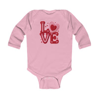 Light-pink Love Heart Onesie with red and pink heart graphic, long sleeves, and snap buttons for easy changing, designed for infant comfort and durability.