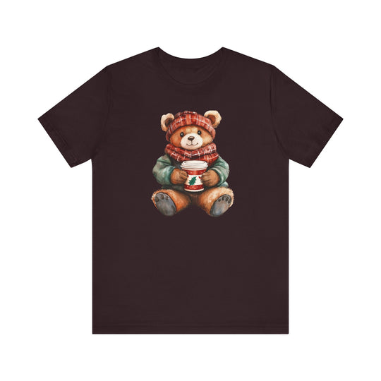 Old Money Christmas Bear Tee: Dark-brown tee with a winter-dressed teddy bear holding a festive cup, crafted from soft cotton for a comfortable, lasting fit.