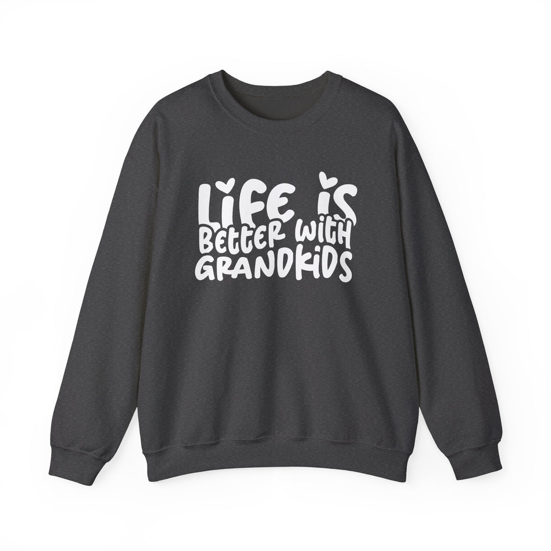 Life is Better With Grandkids Crewneck sweatshirt featuring a cozy, casual design with a heartwarming slogan, perfect for grandparents.