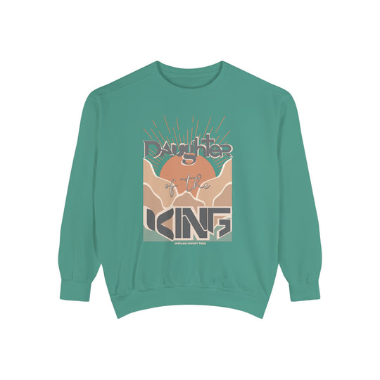 Unisex Daughter of the King Crew sweatshirt, garment-dyed with 80% ring-spun cotton and 20% polyester. Features relaxed fit, rolled-forward shoulder, and back neck patch. Medium-heavy fabric.