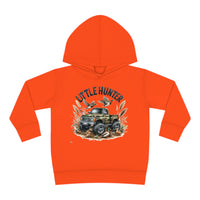 Little Hunter Toddler Hoodie featuring a truck and birds design, crafted for durability and coziness with jersey-lined hood, cover-stitched details, and side seam pockets. 60% cotton, 40% polyester blend.