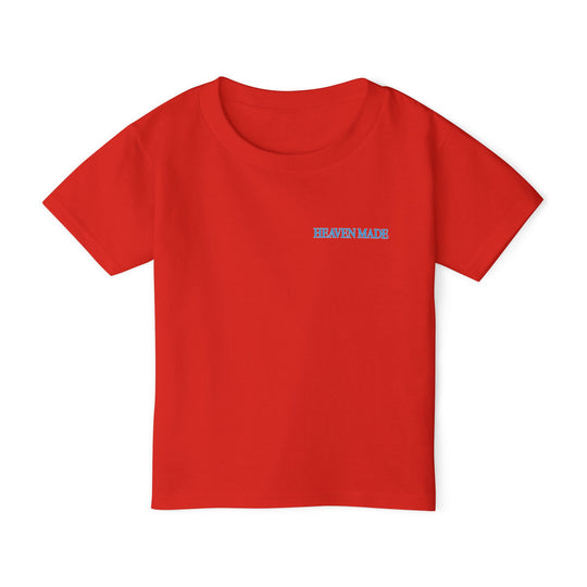 Heavy Cotton™ Toddler T-shirt, red with HEAVEN MADE in light-blue on chest, short-sleeved, soft 100% cotton, classic fit, eco-friendly print.