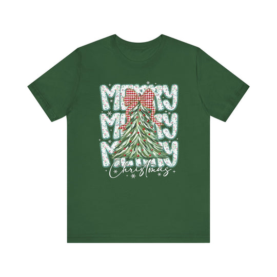 Merry Merry Merry Christmas Tee features a decorated evergreen tree with baubles and bow, surrounded by festive text and snowflakes on a soft, unisex green shirt.