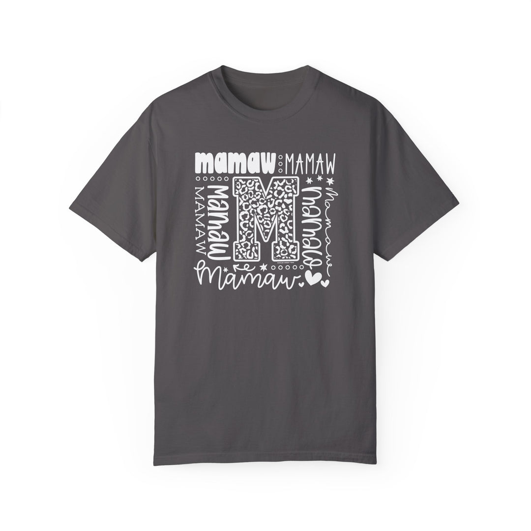 Comfort Colors 1717 Mamaw Tee: Grey t-shirt with white text, ring-spun cotton, relaxed fit, double-needle stitching, no side-seams, crew neckline. Available in various sizes. Ethically made with 100% US cotton.