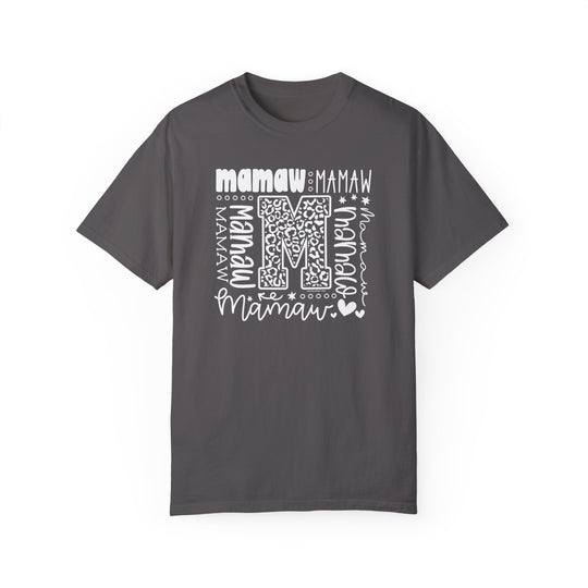 Comfort Colors 1717 Mamaw Tee: Grey t-shirt with white text, ring-spun cotton, relaxed fit, double-needle stitching, no side-seams, crew neckline. Available in various sizes. Ethically made with 100% US cotton.