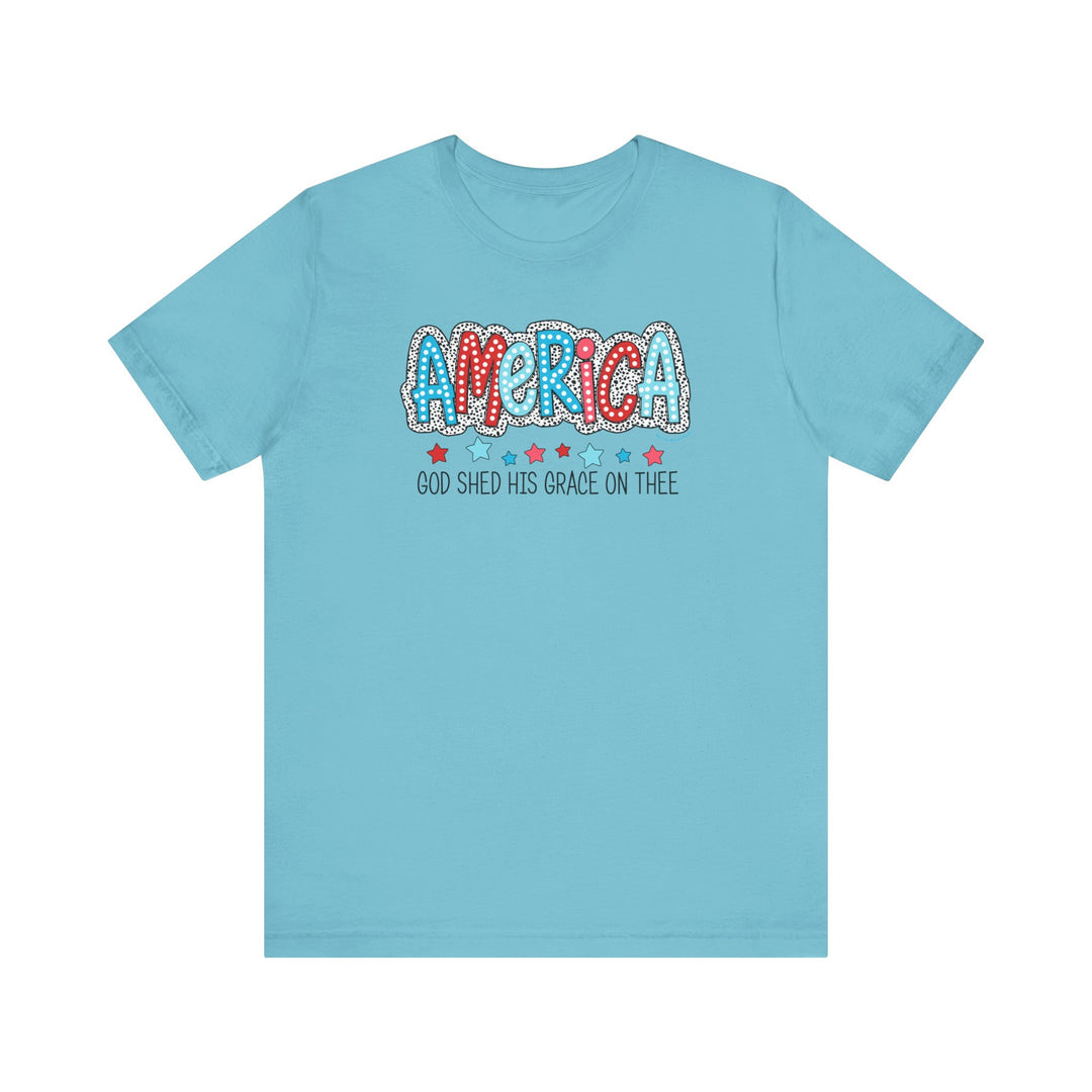 A classic unisex jersey tee featuring God Shed His Grace on Thee text. Made of 100% cotton, ribbed knit collars, and tear-away label. Retail fit, runs true to size. Ideal for everyday wear.