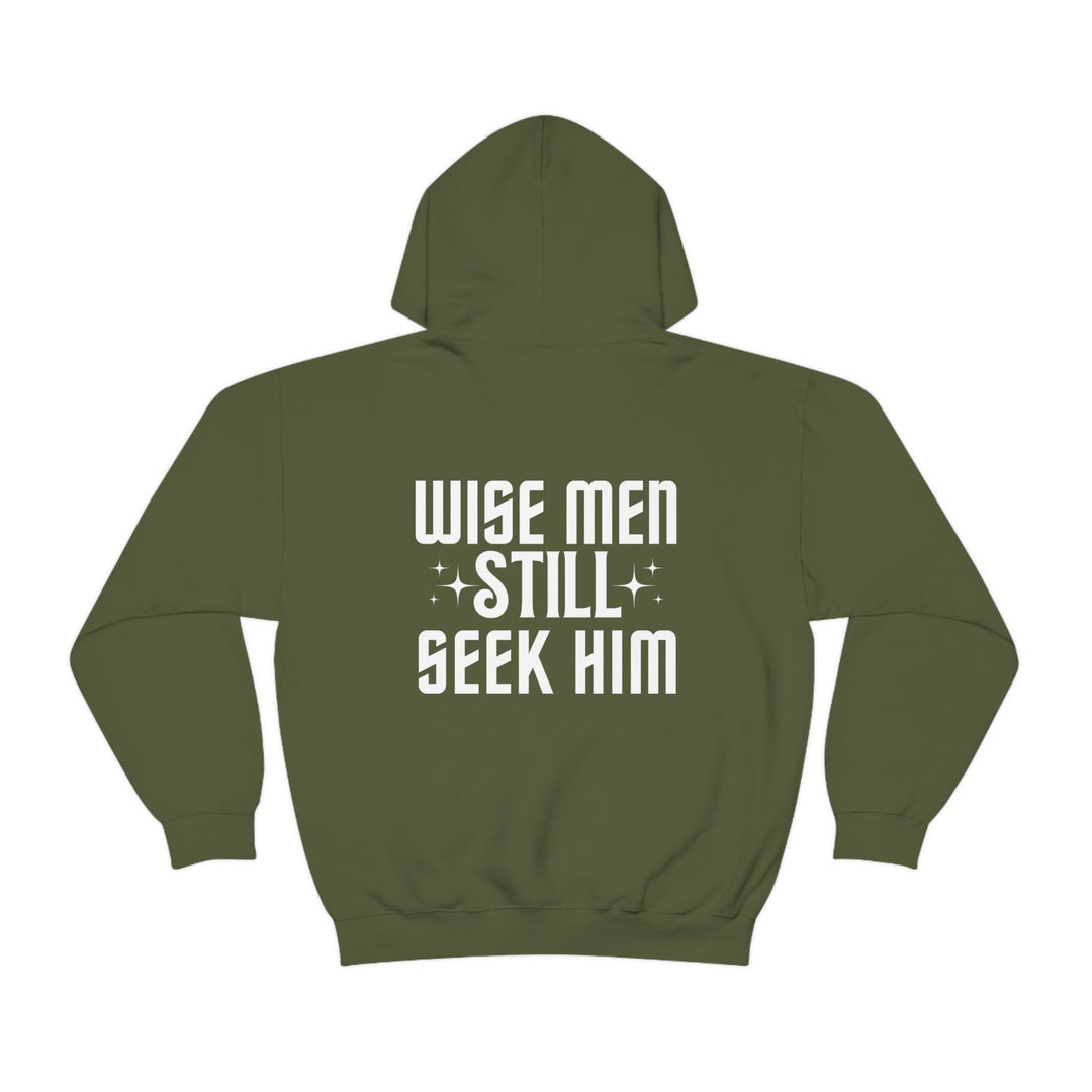 A Wise Men Still Seek Him Hoodie: Unisex heavy blend sweatshirt with kangaroo pocket, drawstring hood. 50% cotton, 50% polyester, medium-heavy fabric, tear-away label, classic fit. Plush, warm, ideal for printing.
