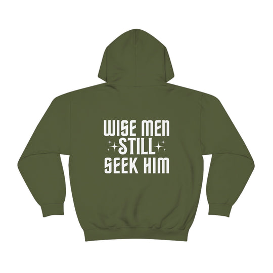 A Wise Men Still Seek Him Hoodie: Unisex heavy blend sweatshirt with kangaroo pocket, drawstring hood. 50% cotton, 50% polyester, medium-heavy fabric, tear-away label, classic fit. Plush, warm, ideal for printing.