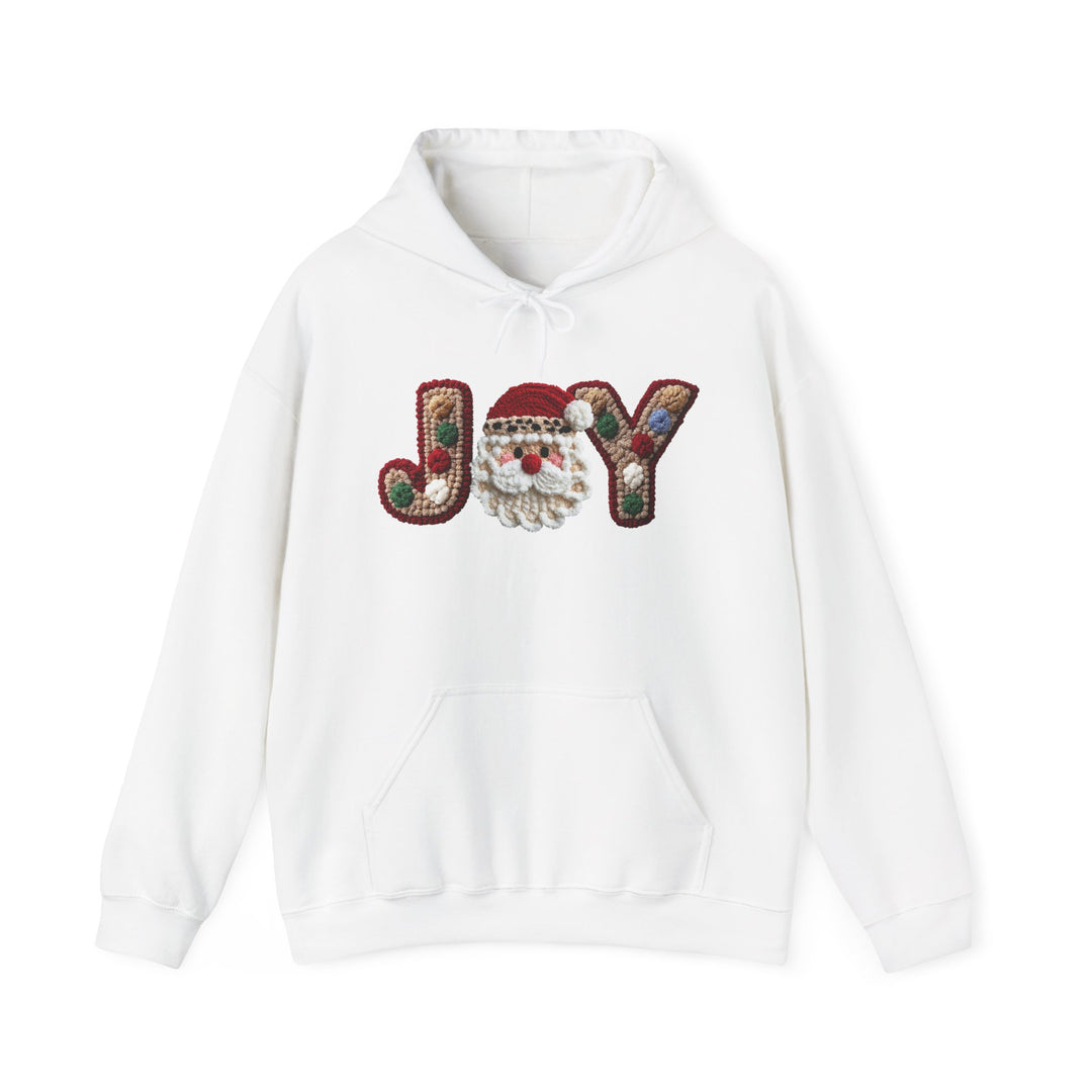 White Joy Hoodie with chenille-style JOY embroidery featuring a Santa face, Christmas-themed colors, kangaroo pocket, ribbed cuffs, and adjustable hood. Perfect for cozy, festive wear.