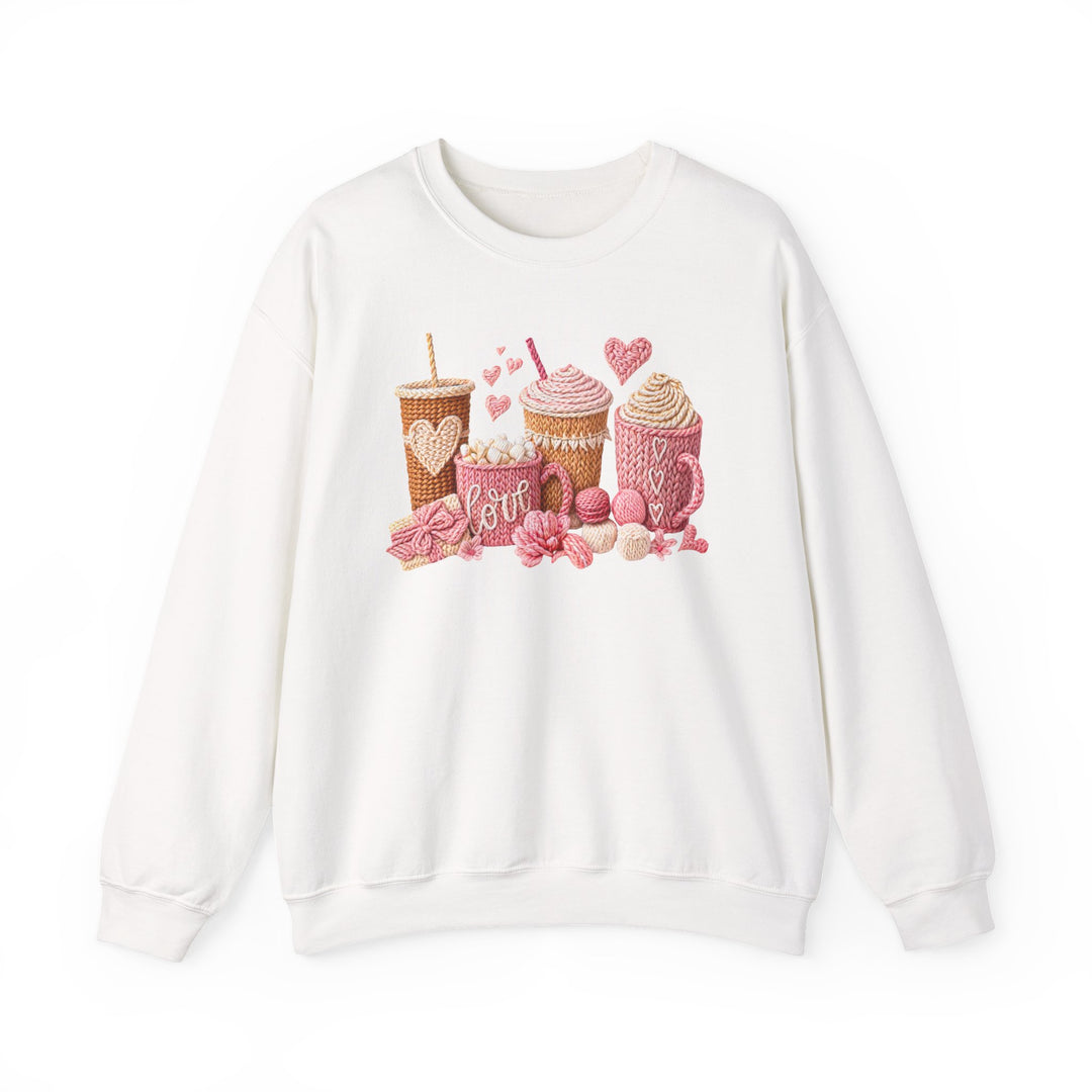Coffee Love Crew sweatshirt with pastel knit-look drinks, hearts, yarn, and gift illustration, showcasing comfort and style with a ribbed collar and seamless design.