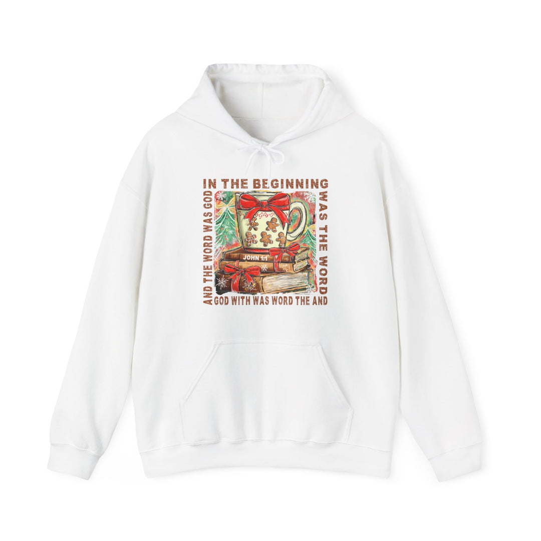 White 'In the Beginning Hoodie' featuring a Christmas-style graphic with a festive mug, books, pine trees, and snowflakes, surrounded by John 1:1 Bible verse.