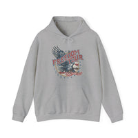 A grey Freedom Tour Hoodie, a blend of cotton and polyester, featuring a graphic design. Unisex, heavy fabric, kangaroo pocket, and drawstring hood. Comfortable, warm, and ideal for printing.