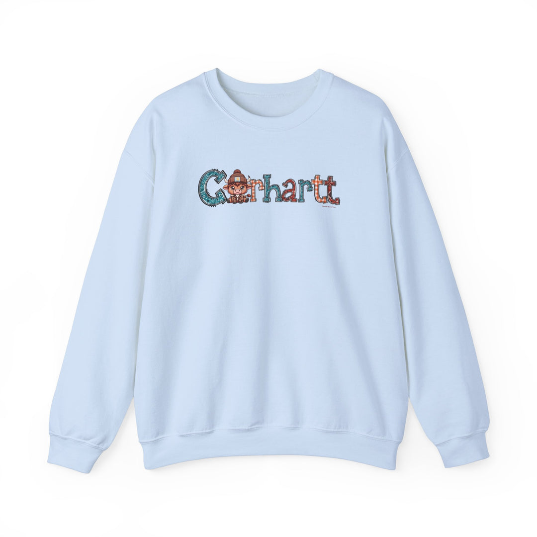 A comfortable unisex Cowhartt Crew sweatshirt with a cartoon cow design. Made of 50% cotton, 50% polyester, ribbed knit collar, and no itchy side seams. Medium-heavy fabric, loose fit, true to size.