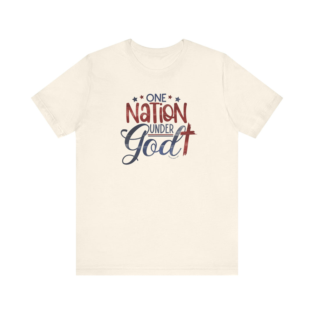 A white t-shirt featuring red and blue text, embodying the One Nation Under God Tee. Unisex jersey tee with ribbed knit collars, taping on shoulders, and 100% Airlume combed cotton for a beloved, lasting fit.