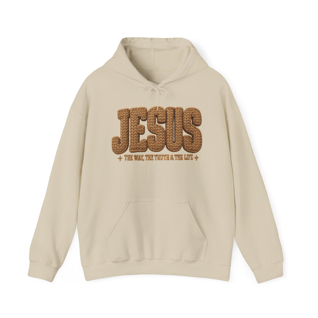 Cream-colored Jesus Hoodie with kangaroo pocket, featuring JESUS and THE WAY, THE TRUTH & THE LIFE text, ideal for warmth and comfort.