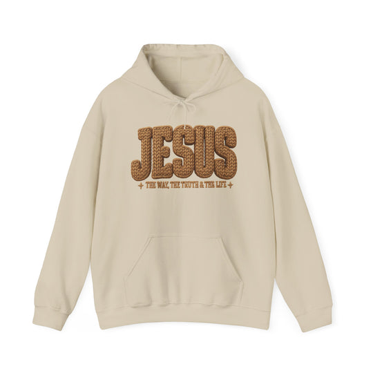 Cream-colored Jesus Hoodie with kangaroo pocket, featuring JESUS and THE WAY, THE TRUTH & THE LIFE text, ideal for warmth and comfort.