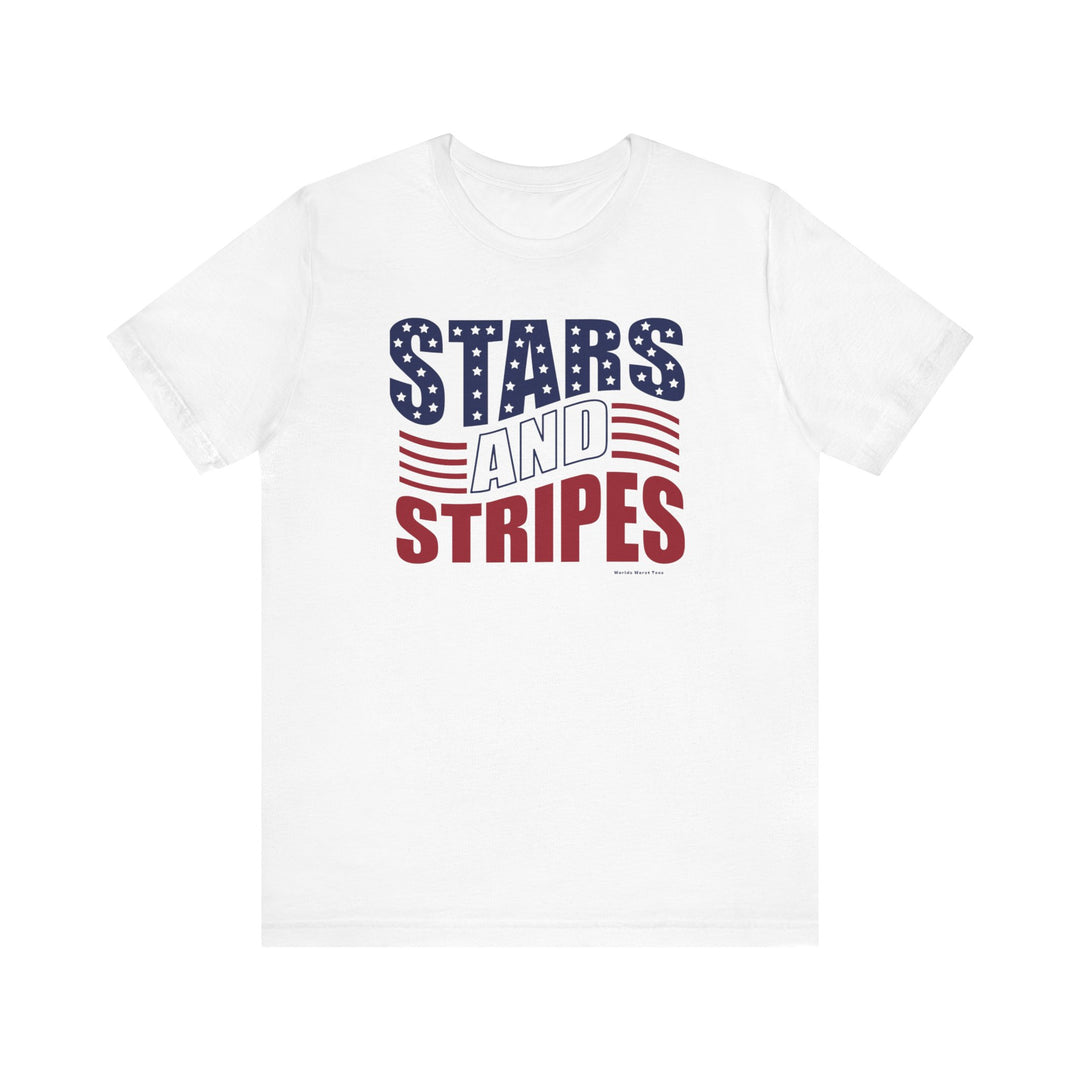 A white t-shirt featuring red and blue text, stars, and a flag logo. Unisex jersey tee with ribbed knit collars, 100% Airlume combed cotton, retail fit, tear away label, and quality print.