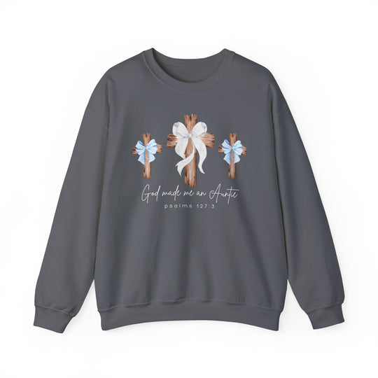 Dark-gray crewneck sweatshirt with three wooden crosses and bows, featuring God made me an Auntie and Psalms 127:3 text. Comfortable polyester-cotton blend.