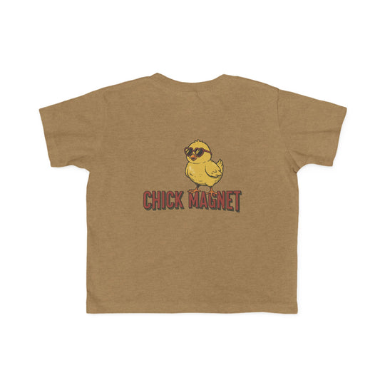 Chick Magnet Toddler Tee featuring a cartoon yellow chick with heart sunglasses and bold red text on the back, designed for toddlers' comfort and style.