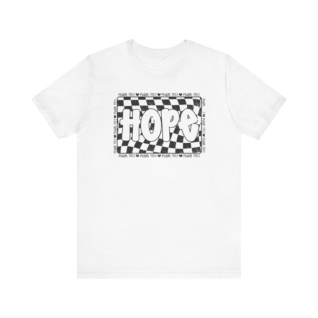 Hope Tee: A white jersey t-shirt featuring a black and white checkered design, crafted from soft cotton with ribbed knit collars and shoulder taping for durability.